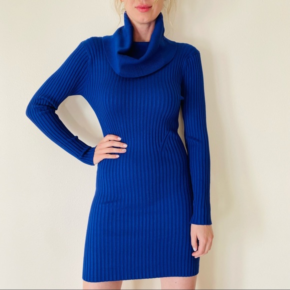 V28 ribbed knit blue long sleeve cowl neck fitted pull on mini sweater dress - Picture 3 of 7